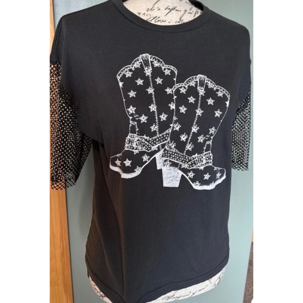 Social Scene Cowboy Boot Graphic Tee Rhinestone Mesh Sleeves Black XS